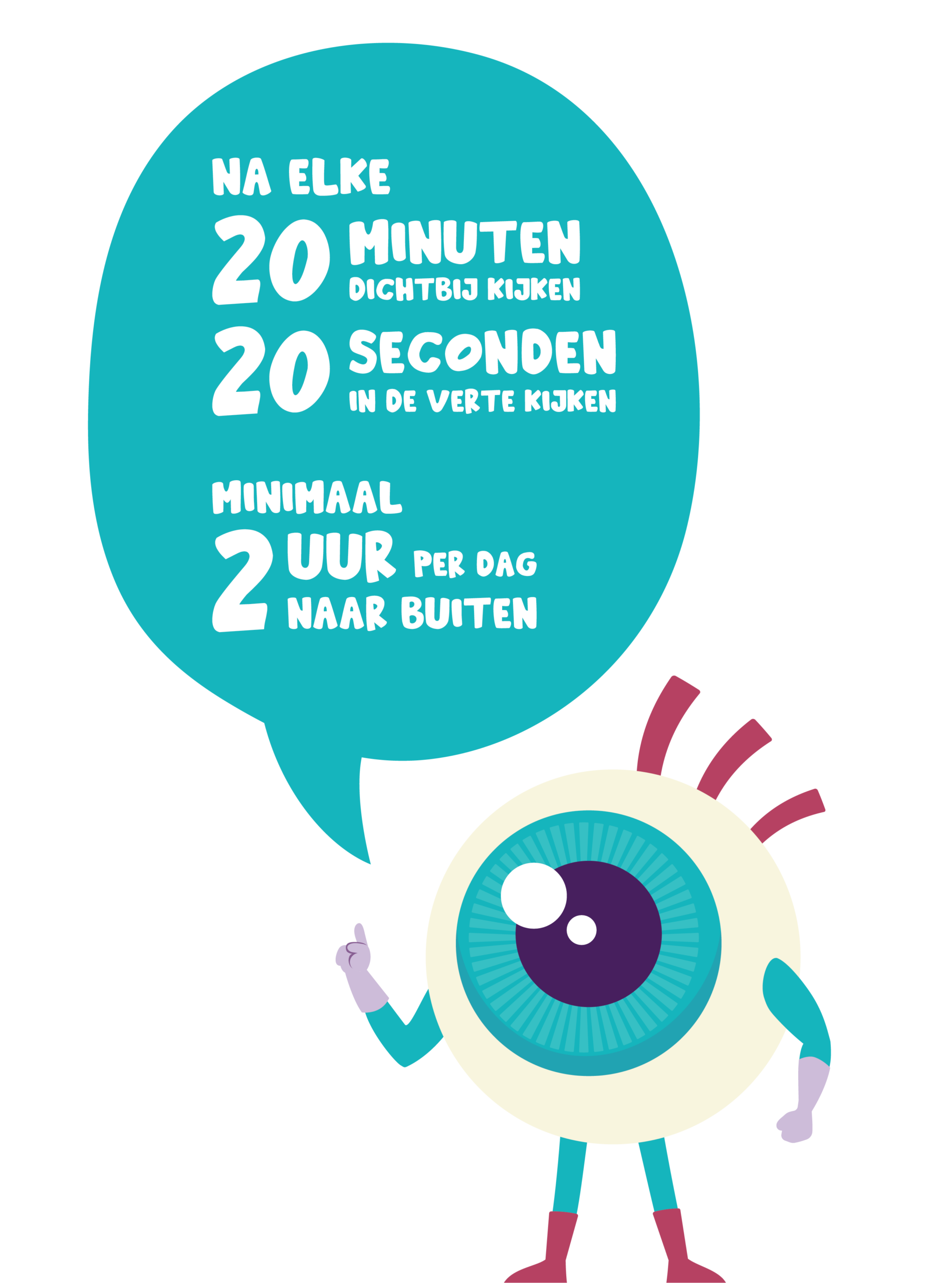 Illustratie van oogje met tekstballon met tekst: 'Na elke 20 minuten dichtbij kijken 20 seconden in de verte kijken, minimaal 2 uur per dag naar buiten'