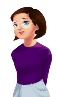 Vrouw met blauwe ogen, bruin haar, bril en paars t-shirt