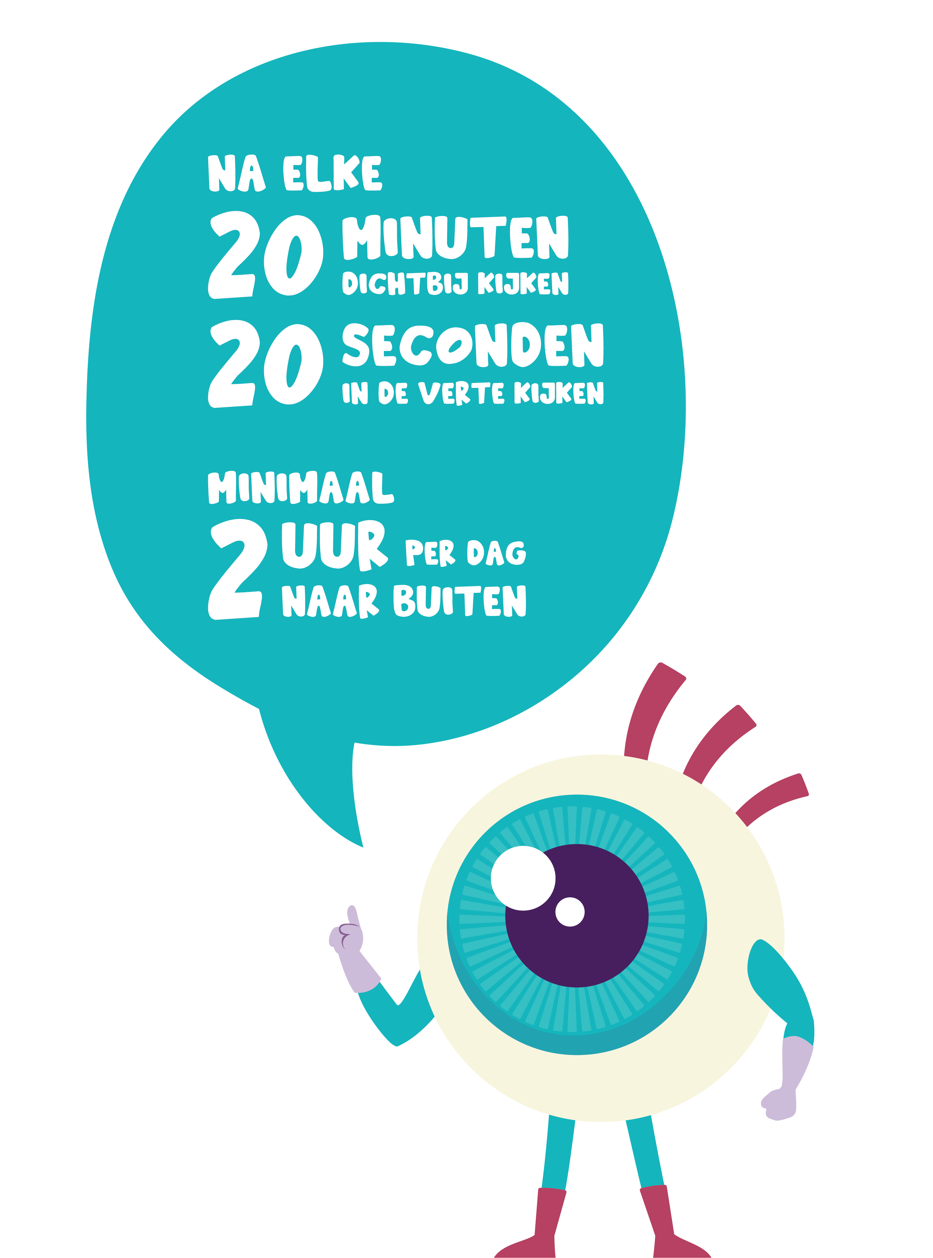 Illustratie van oogje met tekstballon met tekst: "Na elke 20 minuten dichtbij kijken 20 seconden in de verte kijken, minimaal 2 uur per dag naar buiten"