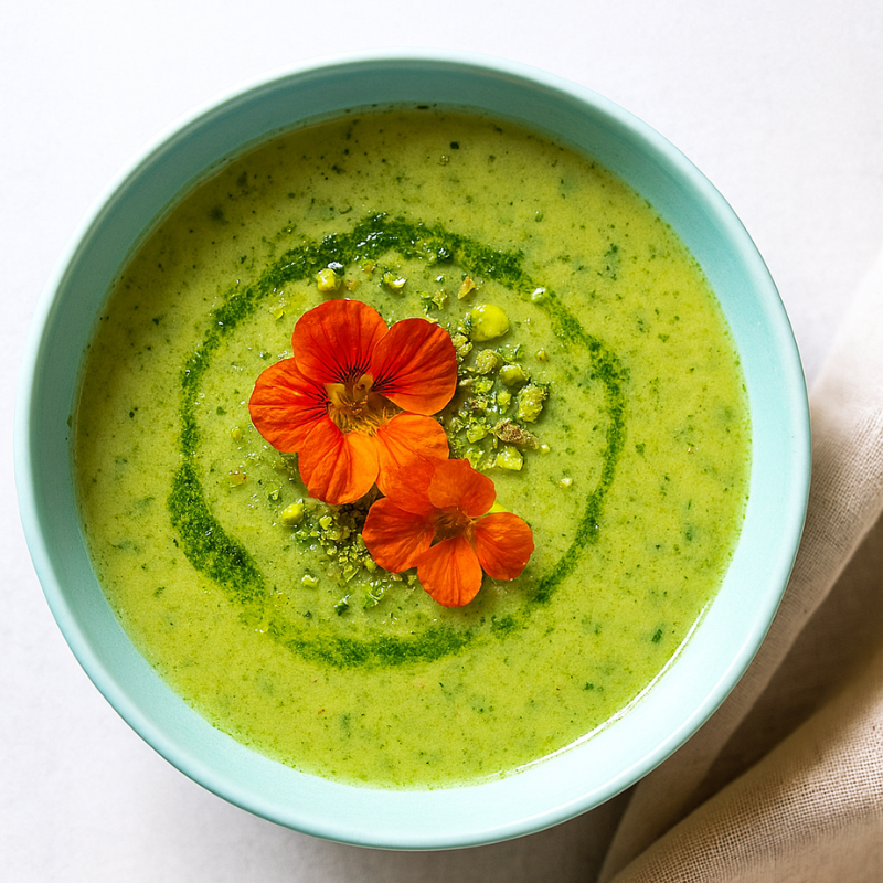 Groene soep met bloem in kom