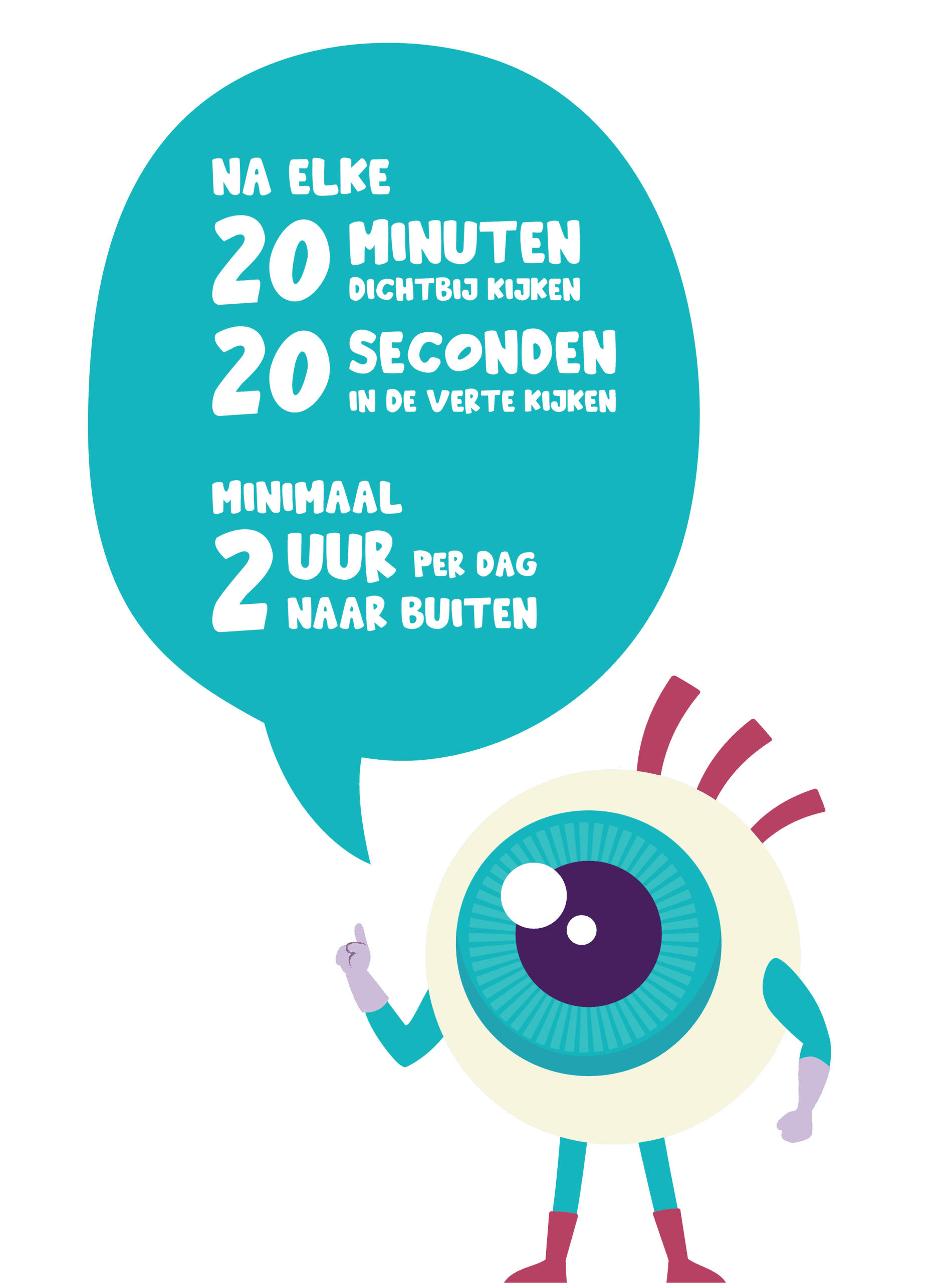 Illustratie van oogje met tekstballon met tekst: 'Na elke 20 minuten dichtbij kijken 20 seconden in de verte kijken, minimaal 2 uur per dag naar buiten'