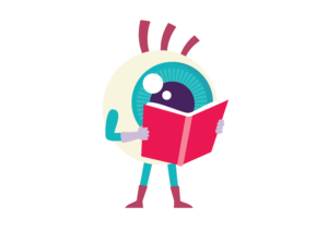 Illustratie: Oogje houd het boek vlak voor zijn oog.