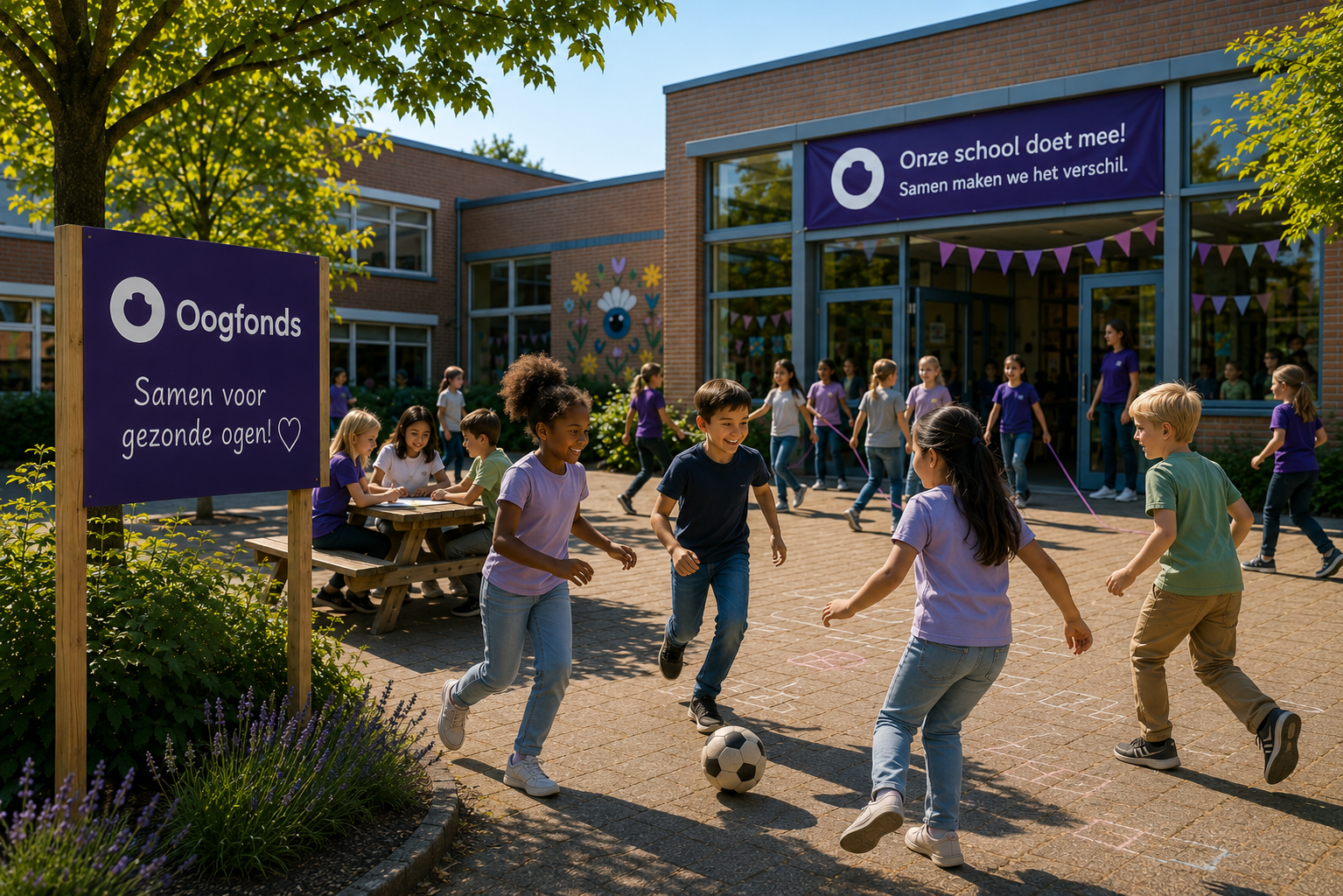 Kinderen spelen en praten op een zonnig schoolplein bij een basisschool met Oogfonds-banners.