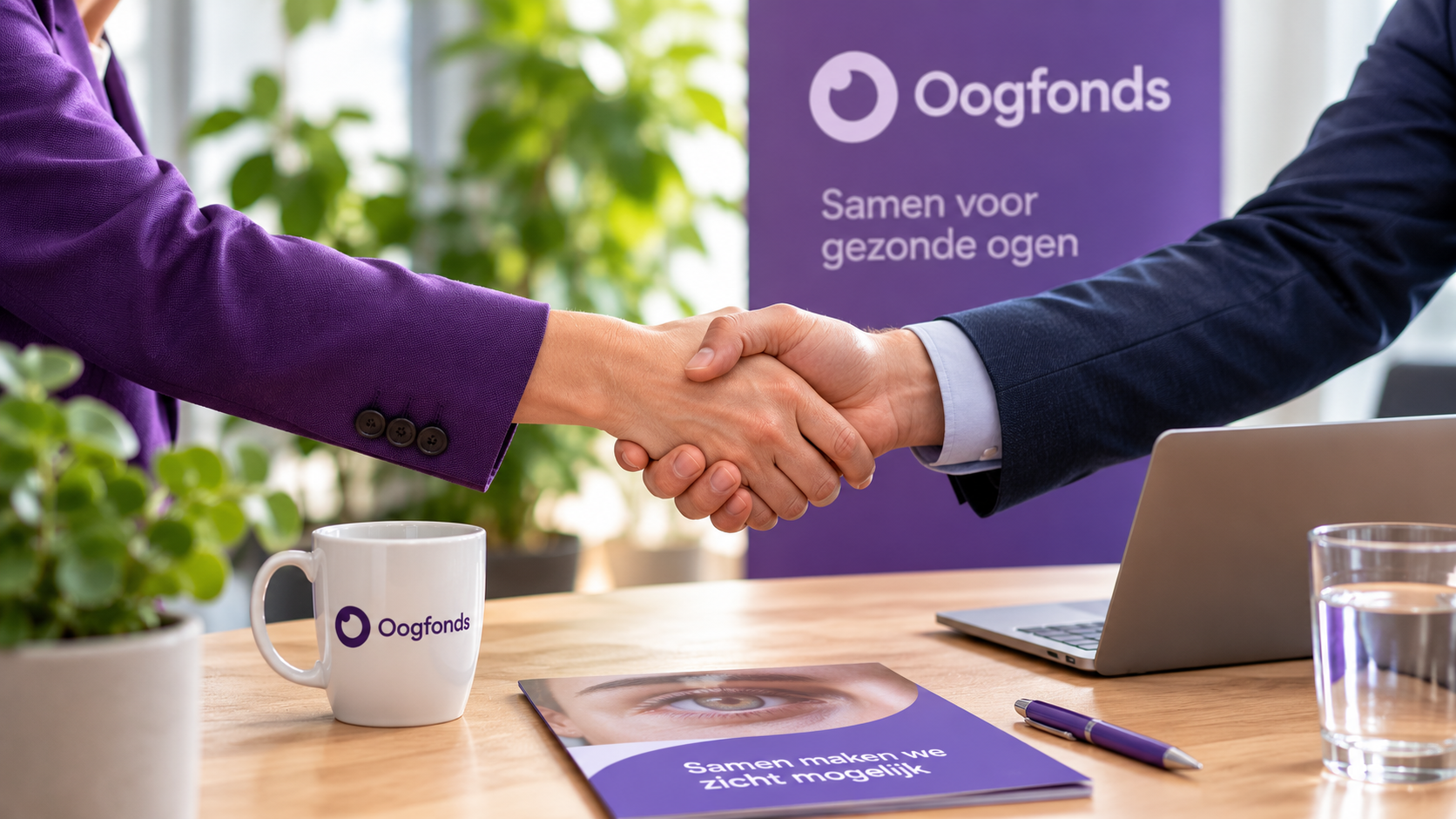 Twee mensen schudden elkaar de hand in een lichte kantooromgeving, met Oogfonds-branding op de achtergrond.