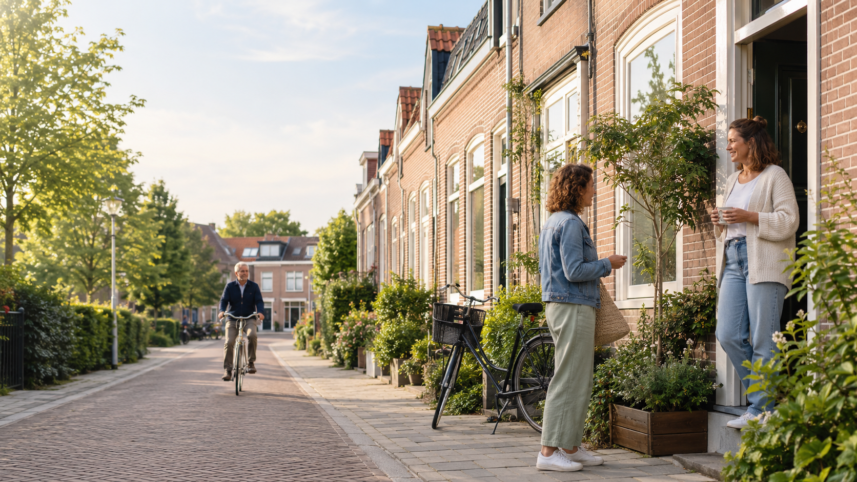 Twee vrouwen die bij voordeur staan te praten in een rustige Nederlandse straat met op de achtergrond een fietser