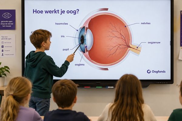 Jongetje geeft spreekbeurt over ogen en wijst naar scherm