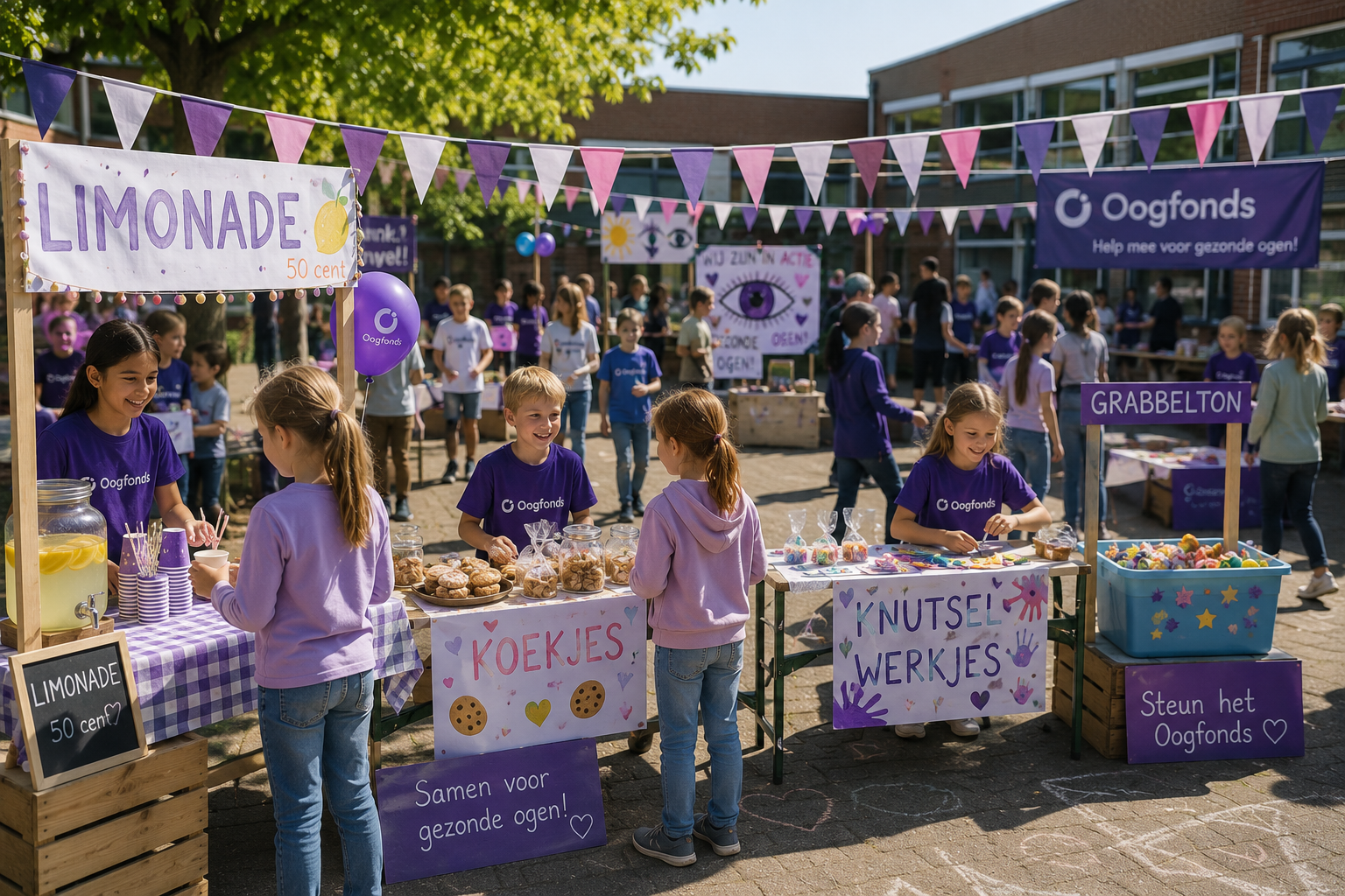 Kinderen met kraampjes op schoolplein